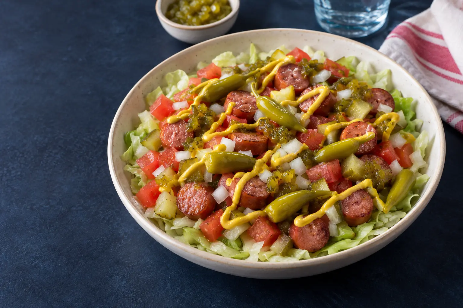 Chicago hot dog-inspired bowl with shredded iceberg lettuce, sliced browned hot dogs, tomato, onion, dill pickle, sport peppers, sweet relish, and yellow mustard